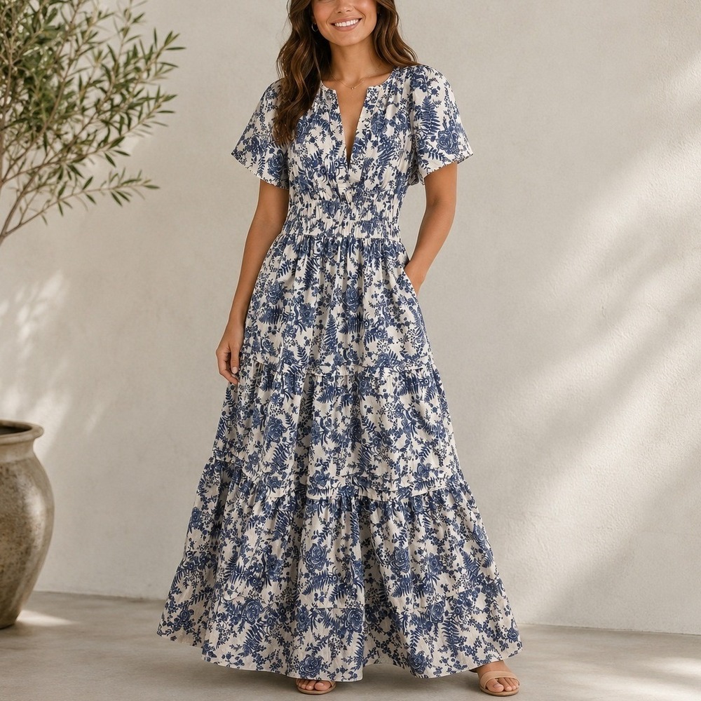 Anthropologie Somerset Maxi Dress XS Blue White Floral Smocked Waist Cottagecore
